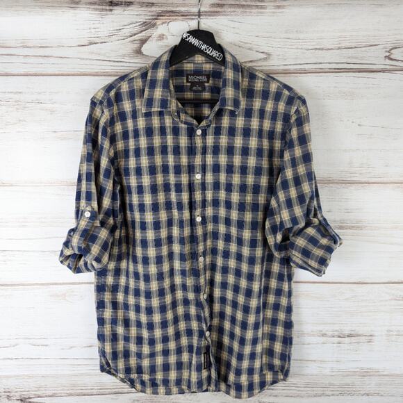 MICHAEL Michael Kors Blue and Tan Plaid Button Down Roll Sleeve Shirt Sz Medium - Picture 1 of 8